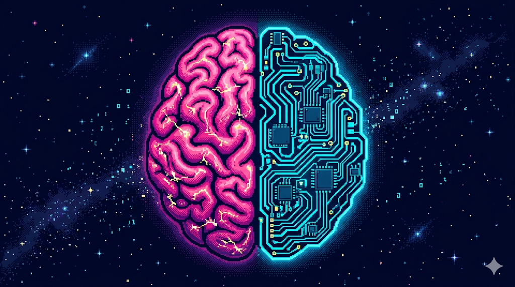 Beyin ve devre kartı melezi, 8-bit pixel art