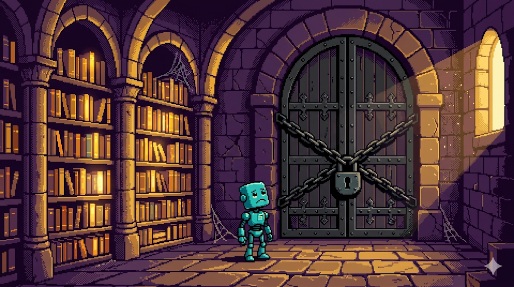 Kapısı kilitli kütüphane önünde robot, 8-bit